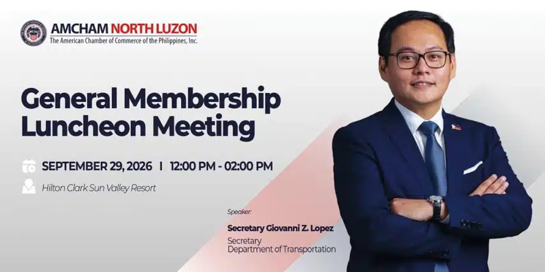 AmCham North Luzon poster for a General Membership Luncheon Meeting at Hilton Clark Sun Valley Resort
