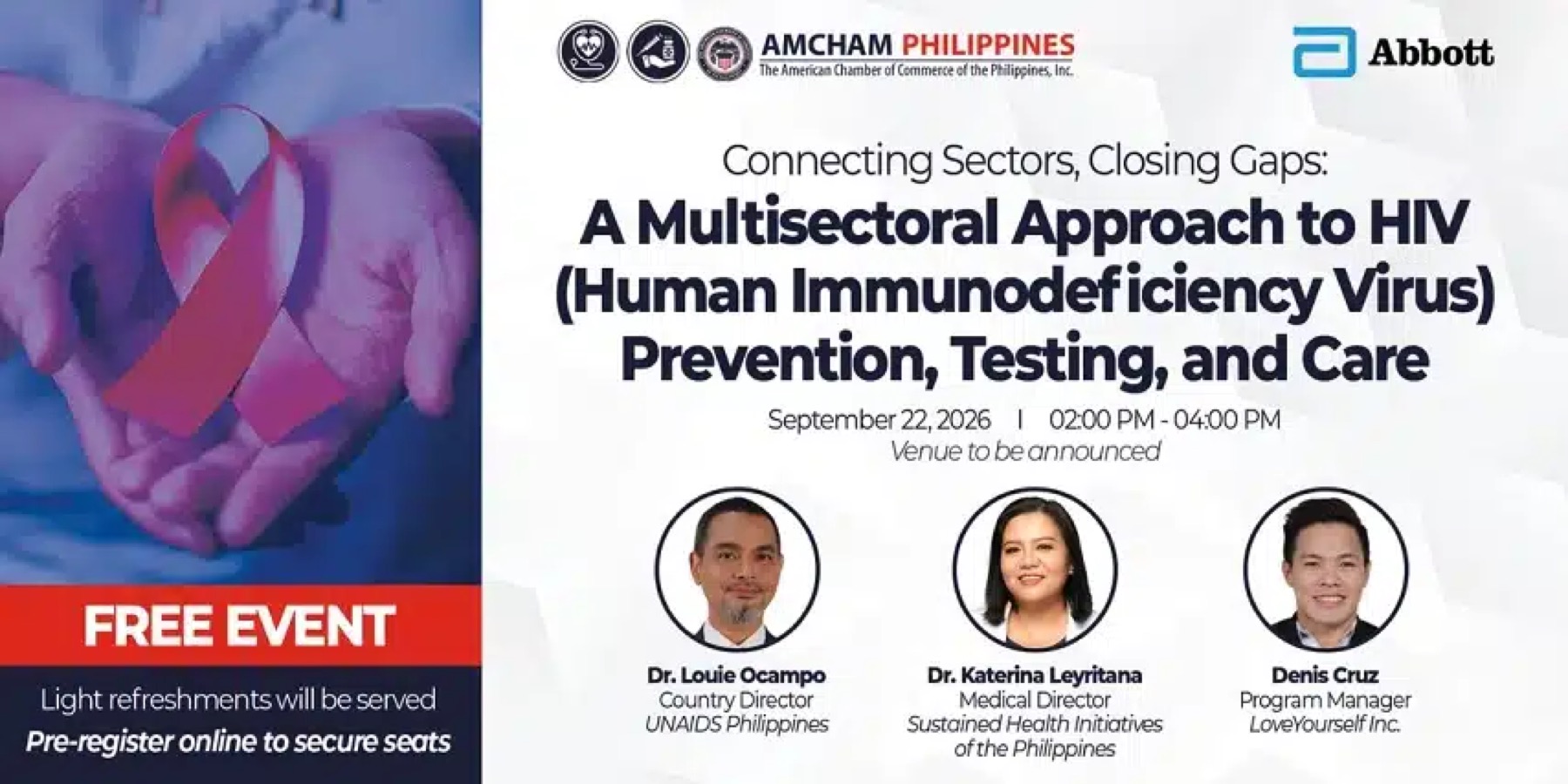 AmCham Philippines poster for Connecting Sectors, Closing Gaps, a multisectoral approach to HIV prevention, testing and care